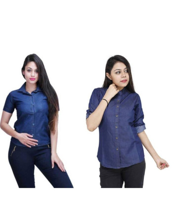 Womens Denim Solid Shirt Buy 1 Get 1 Free Navy Blue Solid 